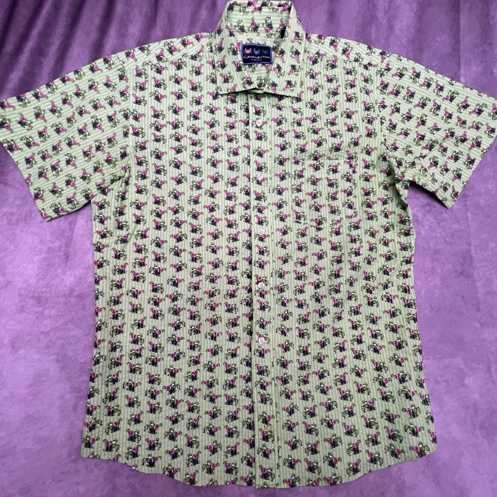 Charleston Threads Shirt Mens L Green Seersucker Excellent Cocktail Print Button